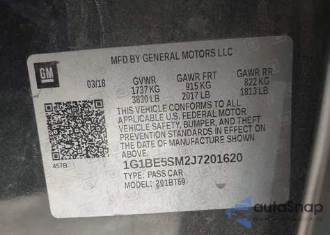 2018 Chevrolet Cruze Lt Auto из США, поврежденный, VIN 1G1BE5SM2J7201620